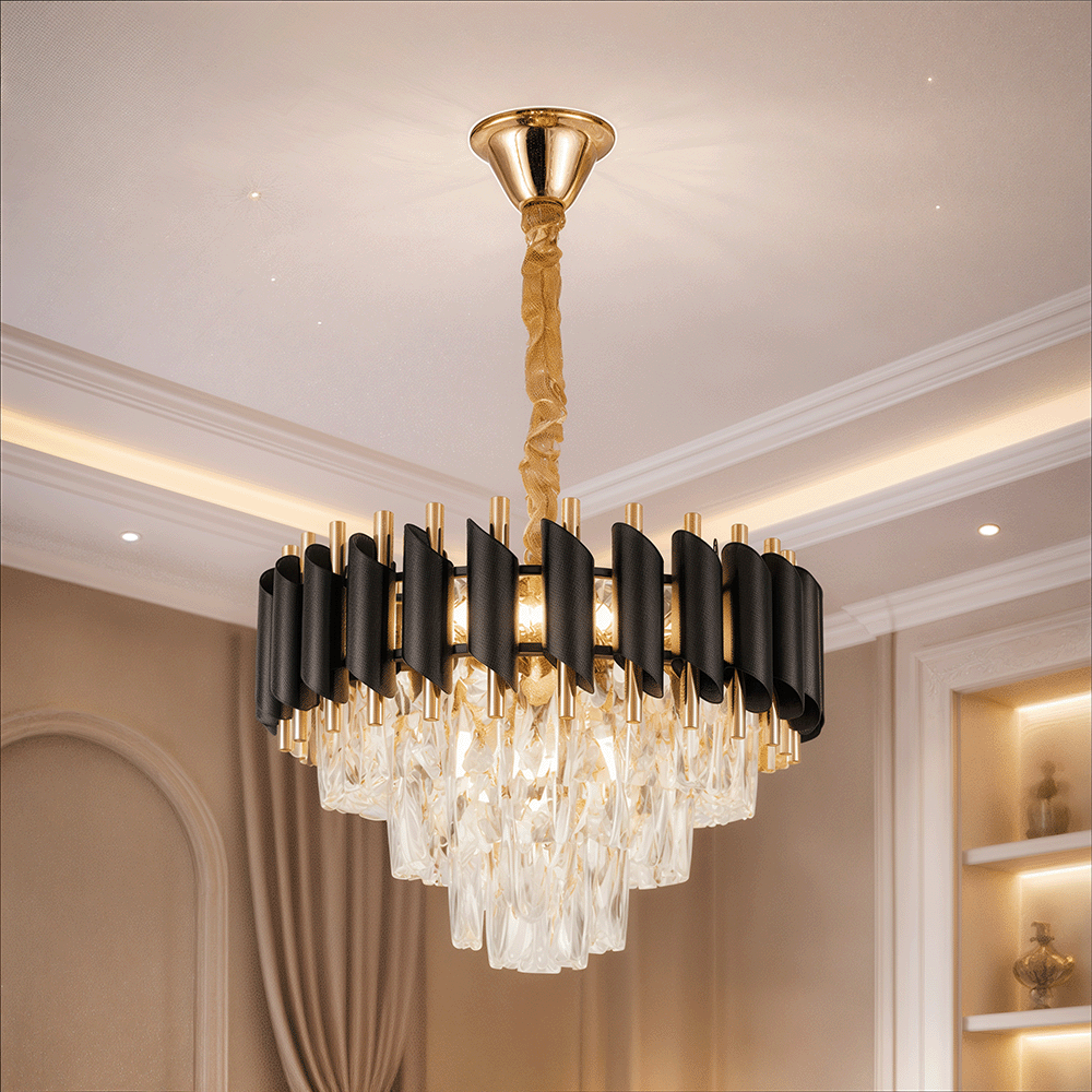 Candelabru cu cristale, cinci brațe și becuri E14, finisaj auriu cu negru