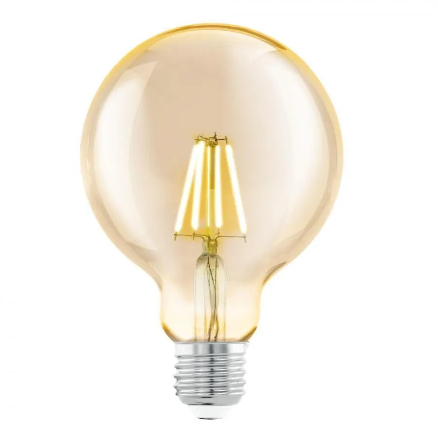Bec glob G125 cu filament LED și soclu E27, cu lumină caldă