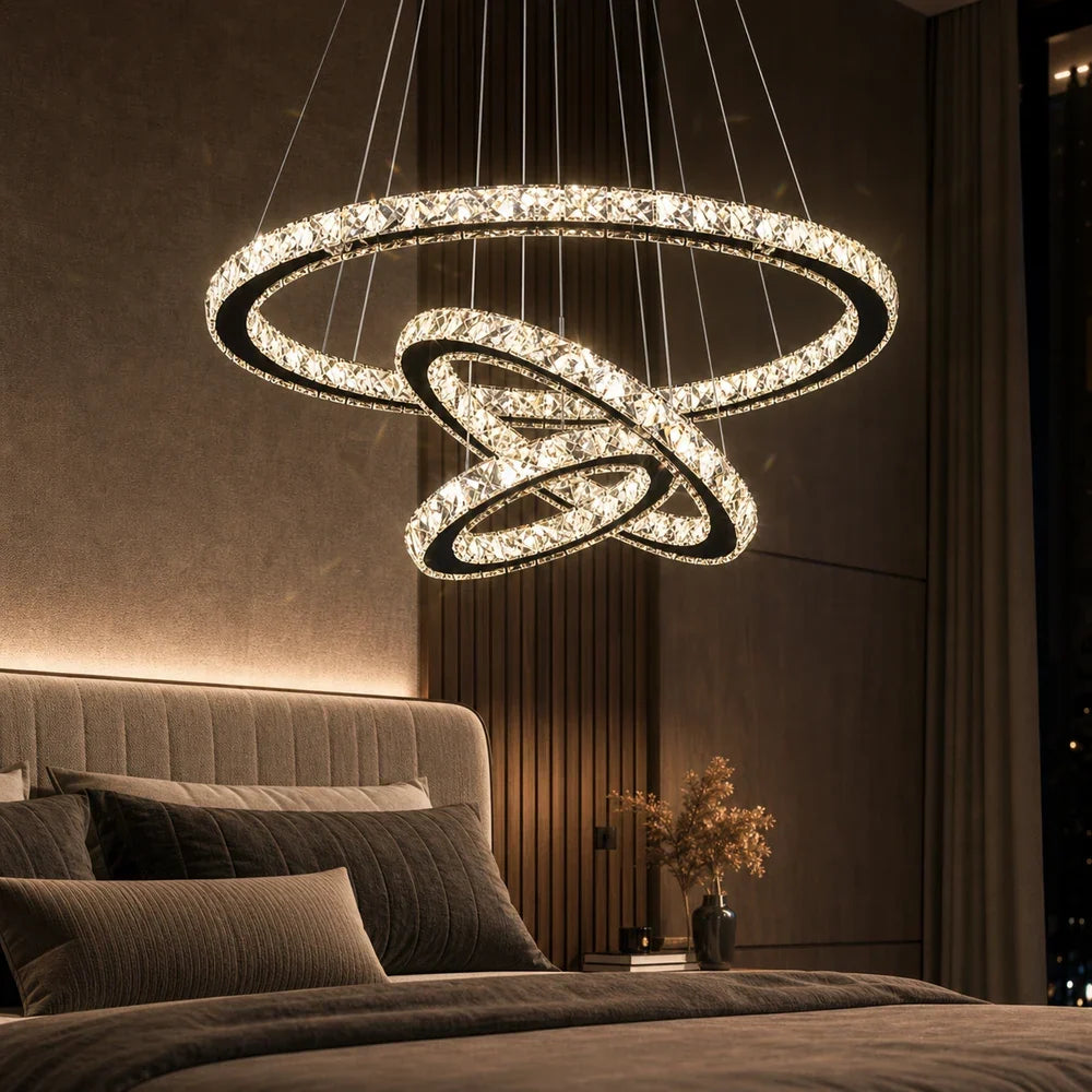 Lustra LED suspendata cu telecomanda si cristal PRISM LUMINIS 79W, 3 Cercuri, lumina Rece/Calda/Neutra, Dimabila, Crom, Inaltime Reglabila, imaginea 7