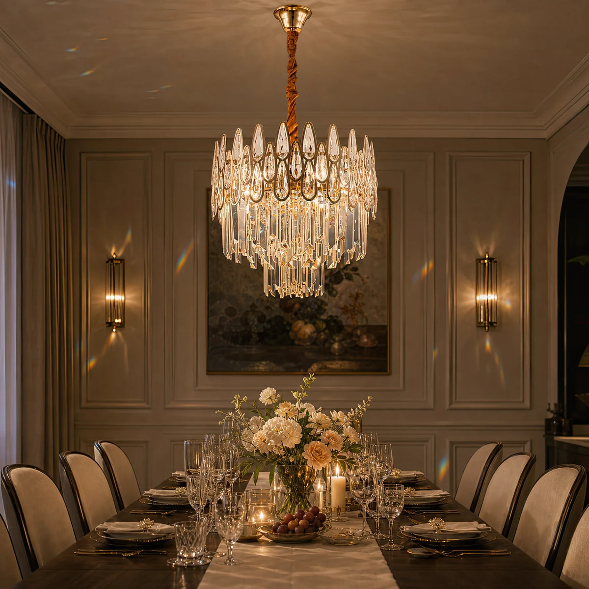 Candelabru Cristal ALHAMBRA Nobile 5x E14, Diametru 40cm, Auriu Lucios, Inaltime Reglabila