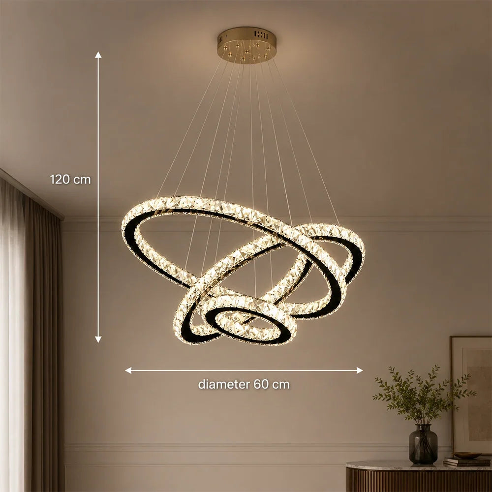 Lustra LED suspendata cu telecomanda si cristal PRISM LUMINIS 79W, 3 Cercuri, lumina Rece/Calda/Neutra, Dimabila, Crom, Inaltime Reglabila, imaginea 5