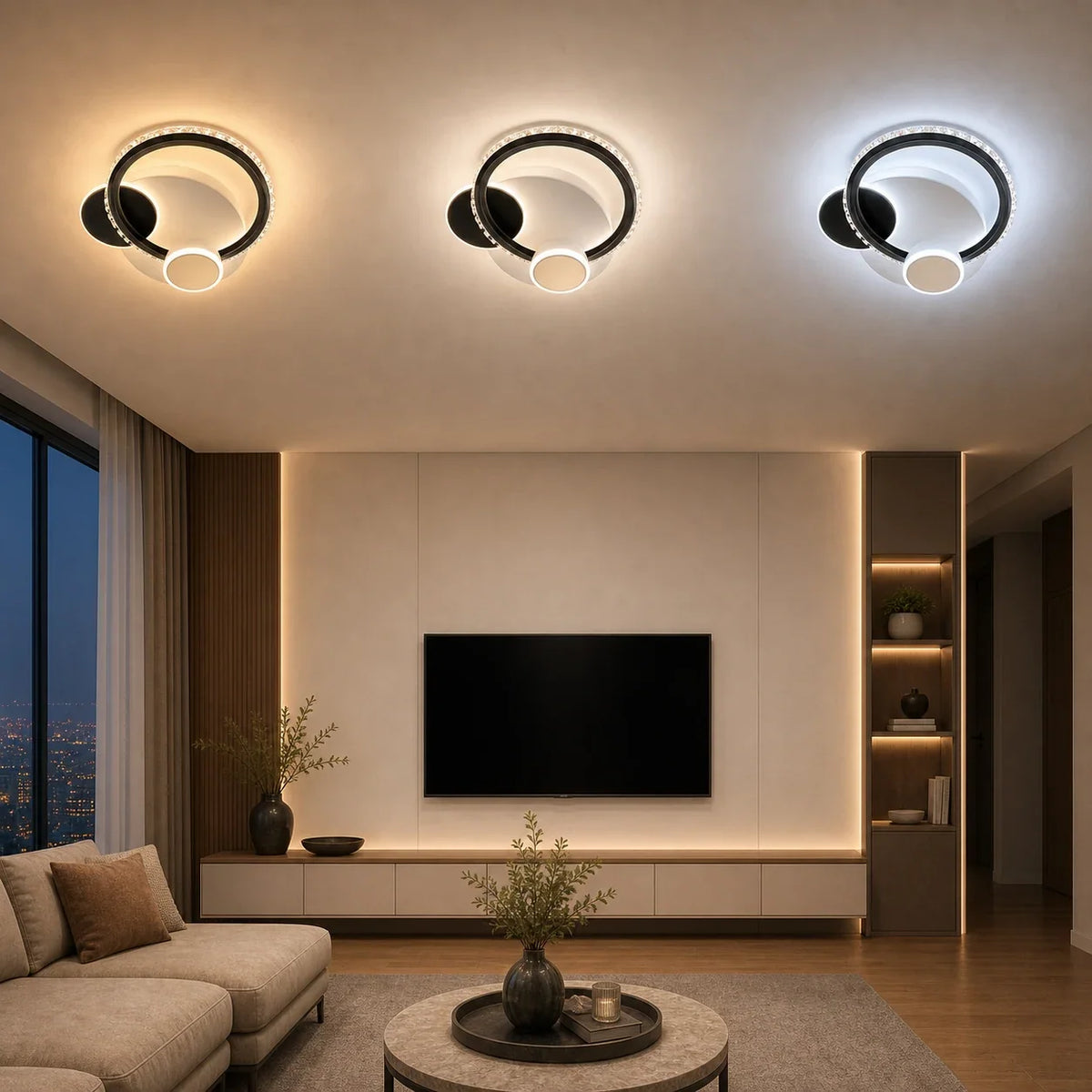 Lustra LED cu cristal PRISMIQ 45W, 3 Cercuri, lumina Rece/Calda/Neutra, Negru, imaginea 3