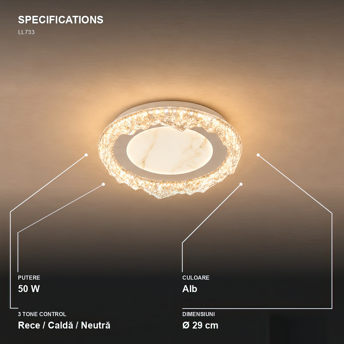 Lustra LED DAIRA Petito, 50W, Diametru 29cm, Lumina Calda/Neutra/Rece, Alb