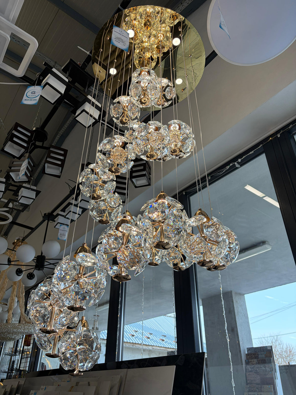 Candelabru Cristal LED KILKENNY Culmino, 144W, Lumina Neutra, Diametru 60cm, Auriu