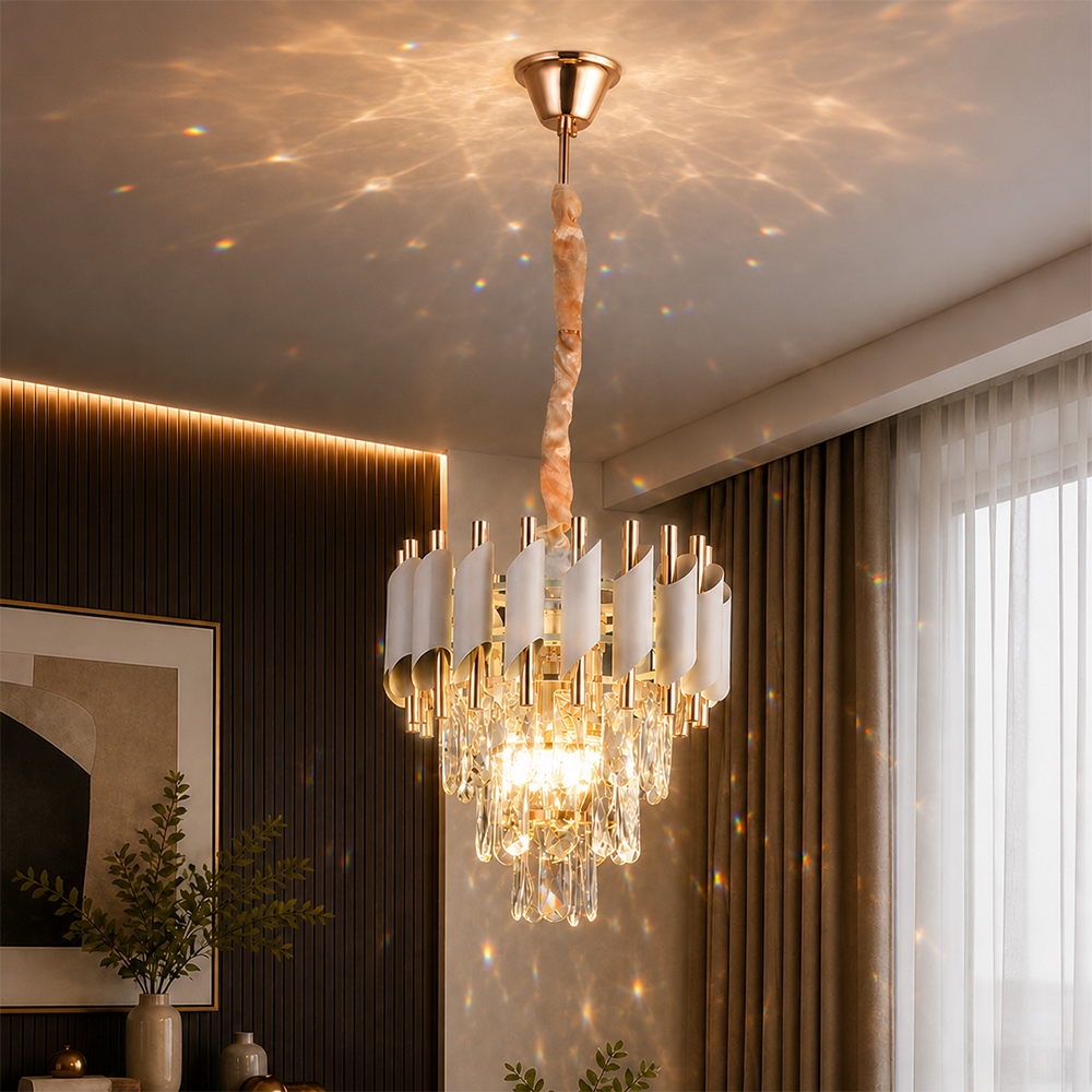 Candelabru Cristal VERSAILLES Petito 3xE14, Diametru 30cm, Auriu Lucios si Alb, Inaltime Reglabila, Metal si Cristal, imaginea 5