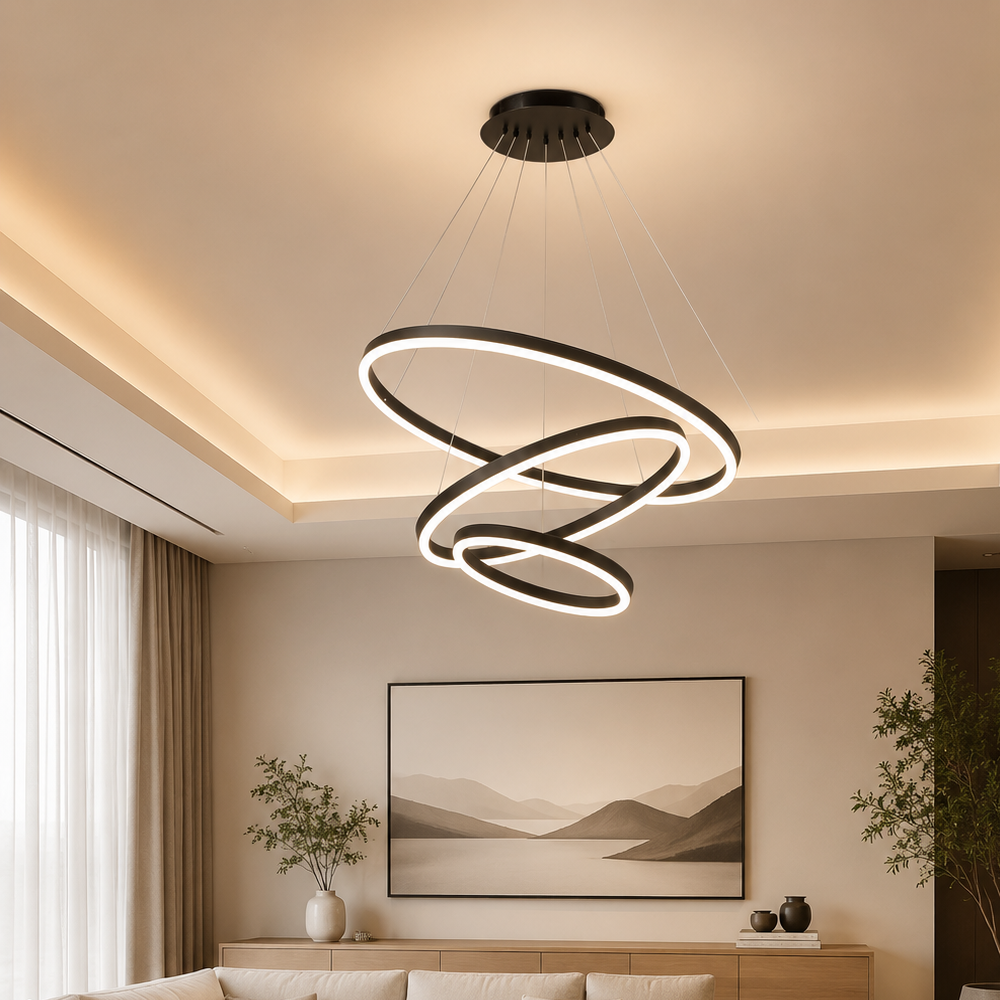 Lustra LED suspendata cu telecomanda CASIANA 85W, 3 Cercuri, lumina Rece/Calda/Neutra, Dimabila, Negru, Inaltime Reglabila, imaginea 1