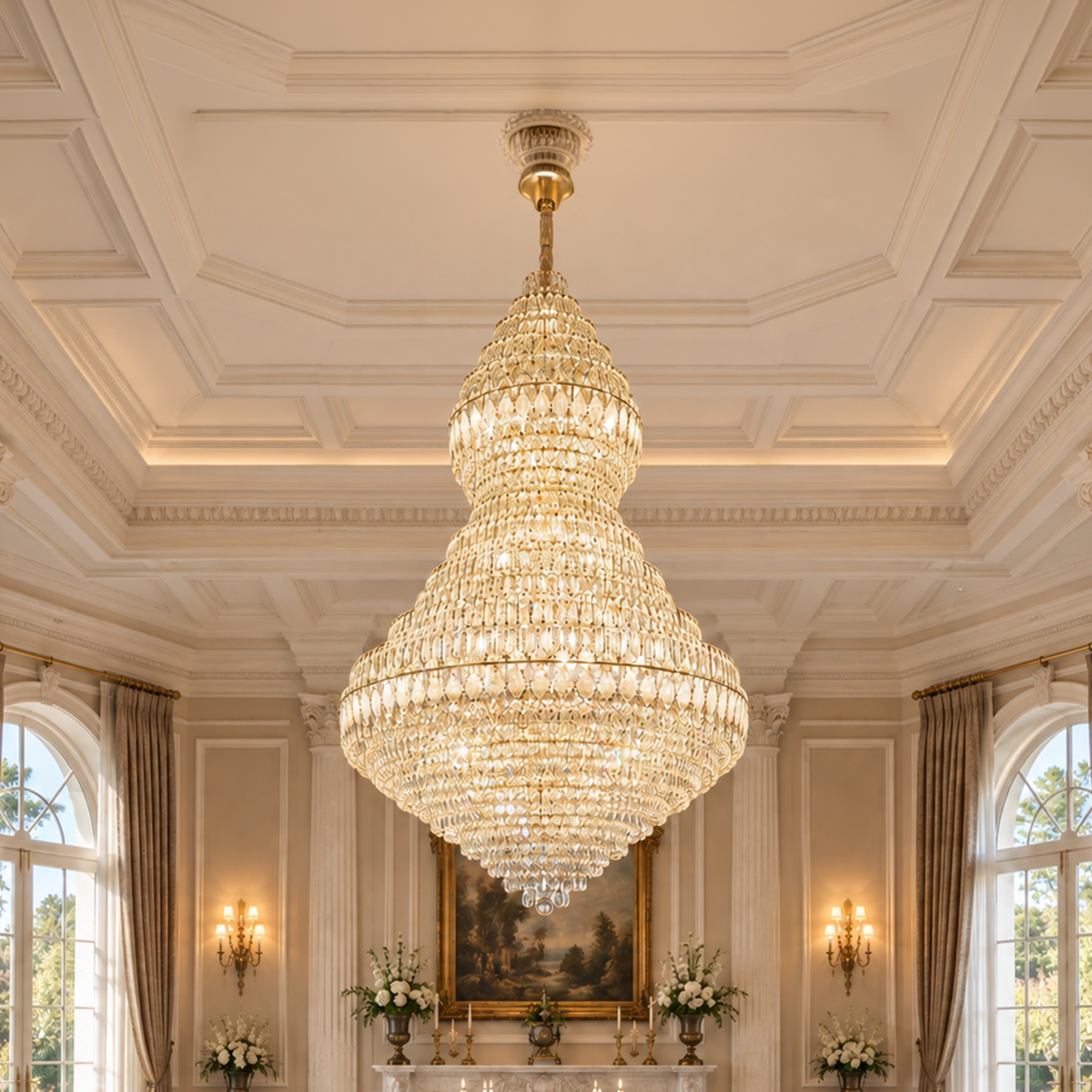 Candelabru Cristal VELVET Supremo, 69xE14, D150 cm, Auriu, Inaltime Reglabila, Metal si Cristal