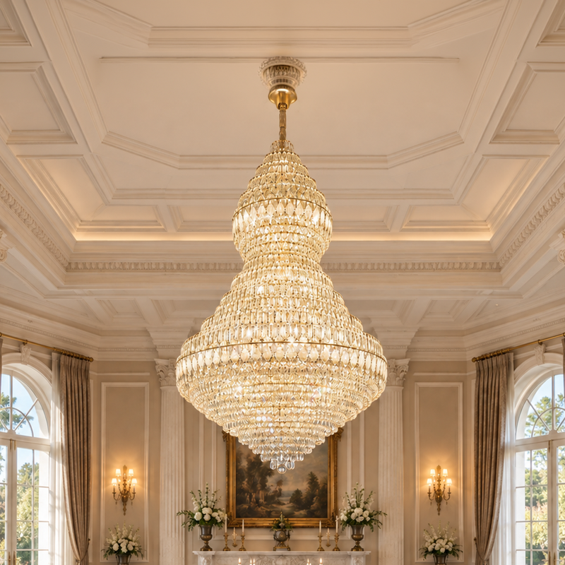 Candelabru Cristal VELVET Supremo, 69xE14, D150 cm, Auriu, Inaltime Reglabila, Metal si Cristal