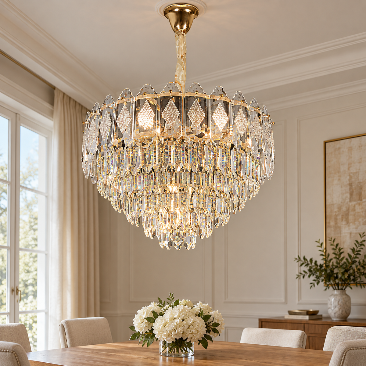 Candelabru Cristal VELVET Eleganza, 12xE14, D60 cm, Auriu, Inaltime Reglabila, Metal si Cristall