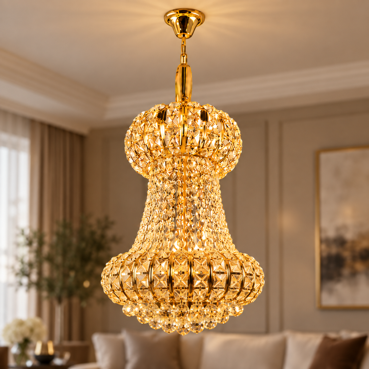 Candelabru Cristal CASTRUM Magno 11xE14, D60 cm, Auriu, Inaltime Reglabila, Metal si Cristal