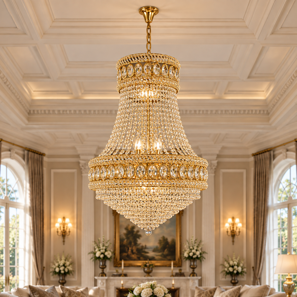 Candelabru Cristal EMPIRE Eleganza 10xE14, D50 cm, Auriu, Inaltime Reglabila, Metal si Cristal