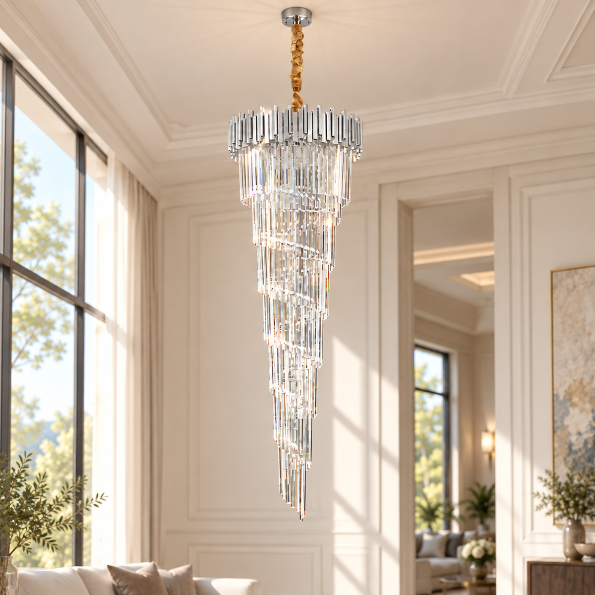 Candelabru Cristal CC110/600x1800CH, 28xE14, Diametru 60cm, Inaltime 180cm, Crom si Argintiu, Inaltime Reglabila, Design Elegant