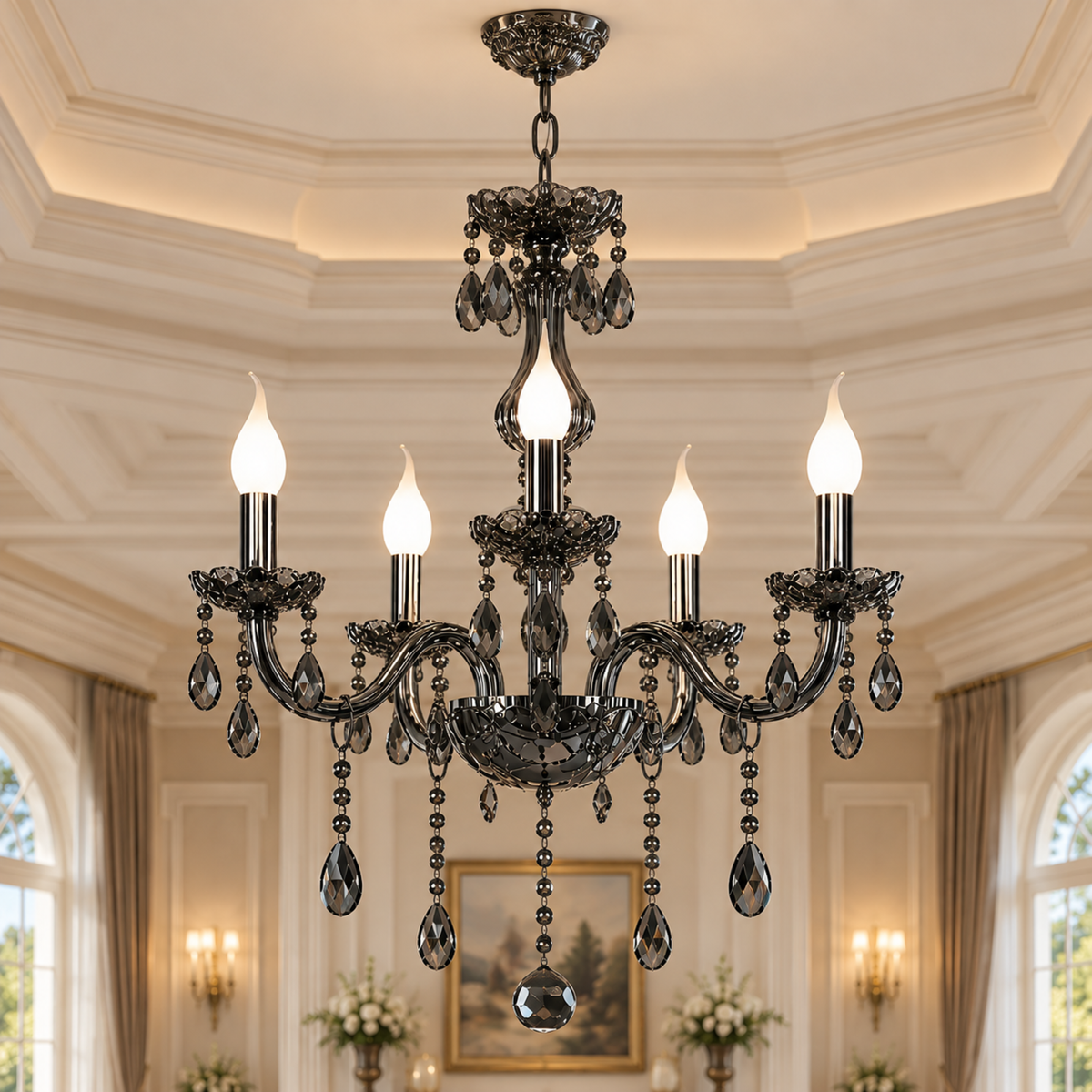Candelabru Cristal ALNWICK Eleganza, 5xE14, Diametru 48cm, Negru, Inaltime Reglabila
