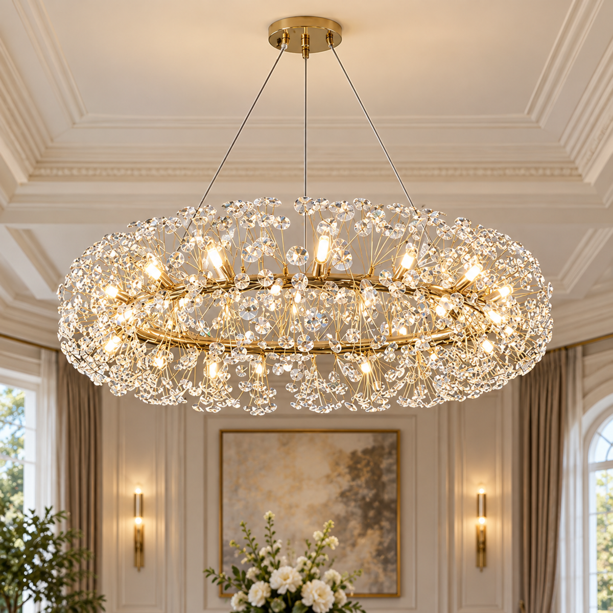 Candelabru Cristal SEGOVIA Magno 12x E14, Diametru 60cm, Auriu Lucios, Inaltime Reglabila
