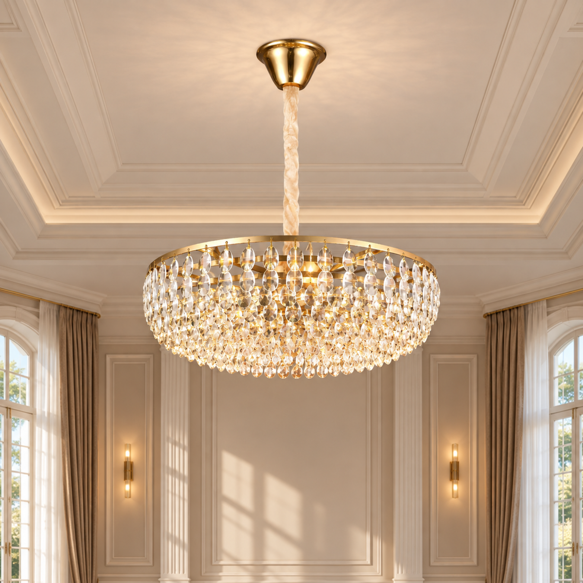 Candelabru Cristal CC1677/500GD, 9xE14, Auriu Lucios, Inaltime Reglabila, Metal si Cristal