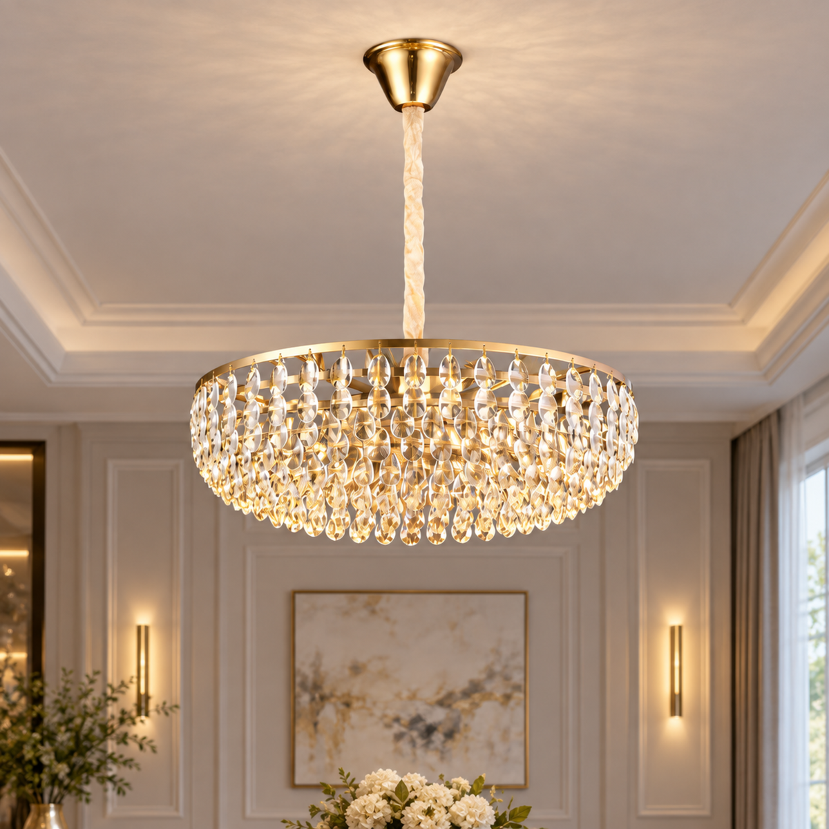 Candelabru Cristal CC1677/600GD, 12xE14, Auriu Lucios, Inaltime Reglabila, Metal si Cristal