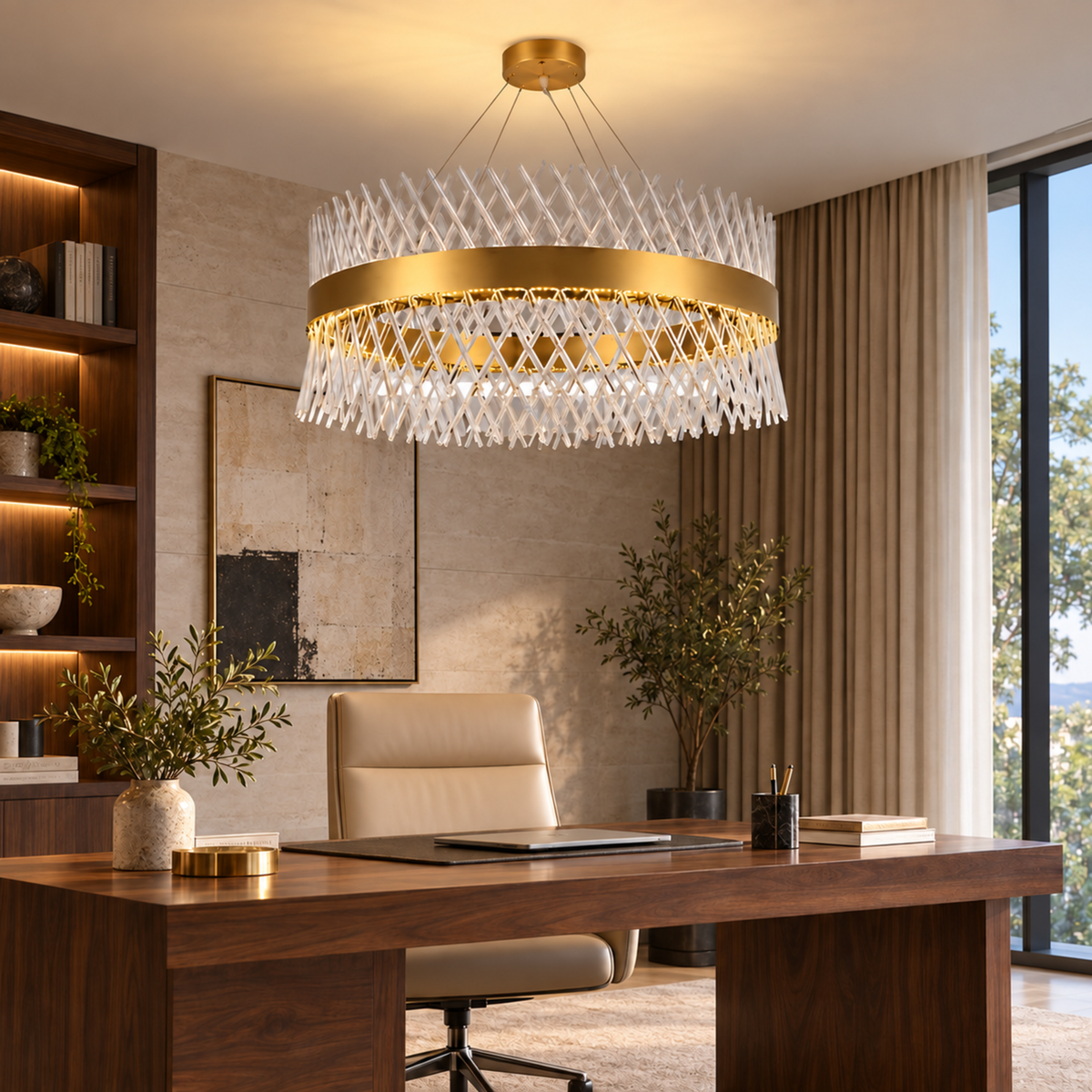 Candelabru Cristal ALHAMBRA Eleganza, LED, 71W, Diametru 50cm, Lumina Calda/Rece/Neutra, Dimabil, Inaltime Reglabila, Auriu