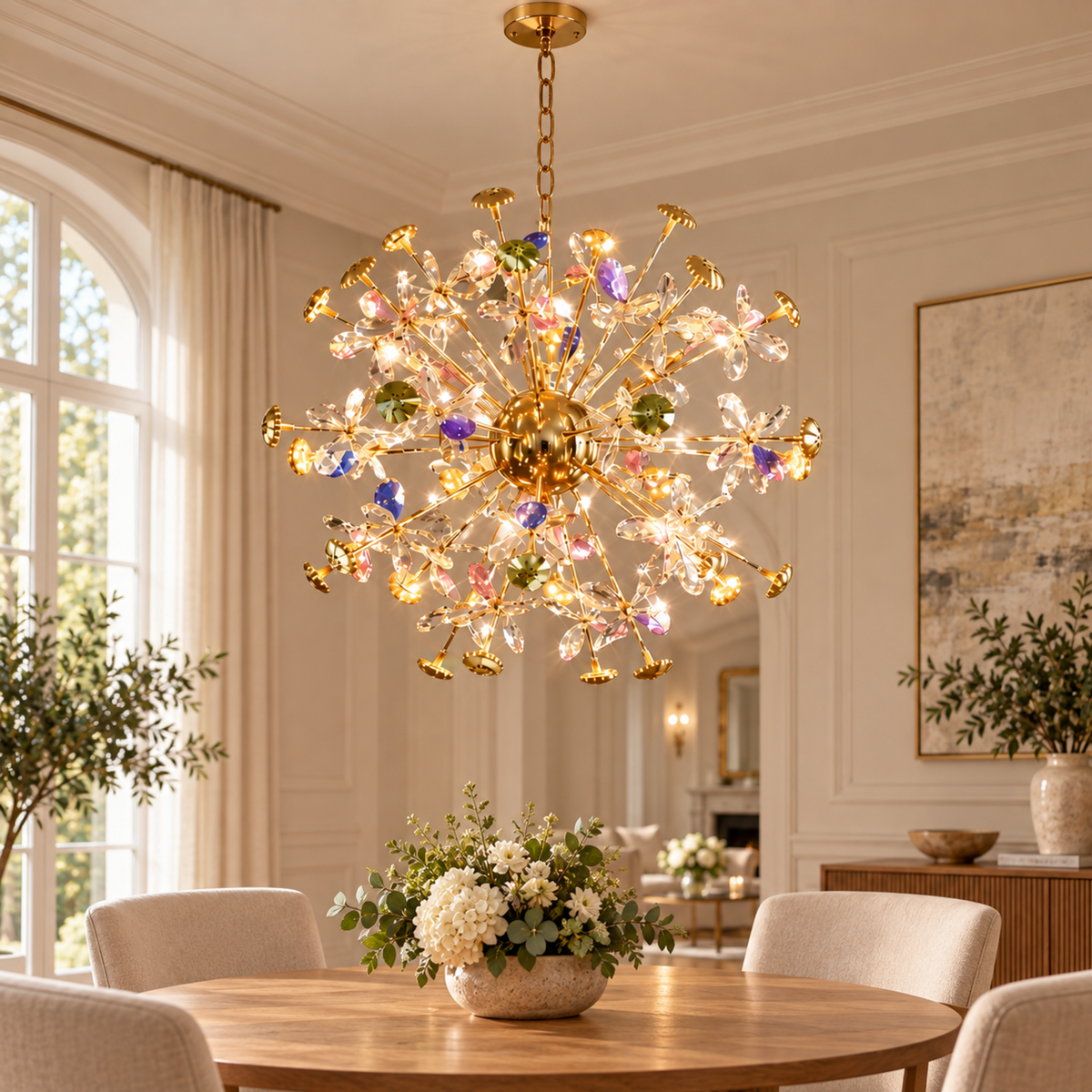 Candelabru Cristal FloraLux, 24xG4, Auriu si Cristale, 52cm, Inaltime Reglabila