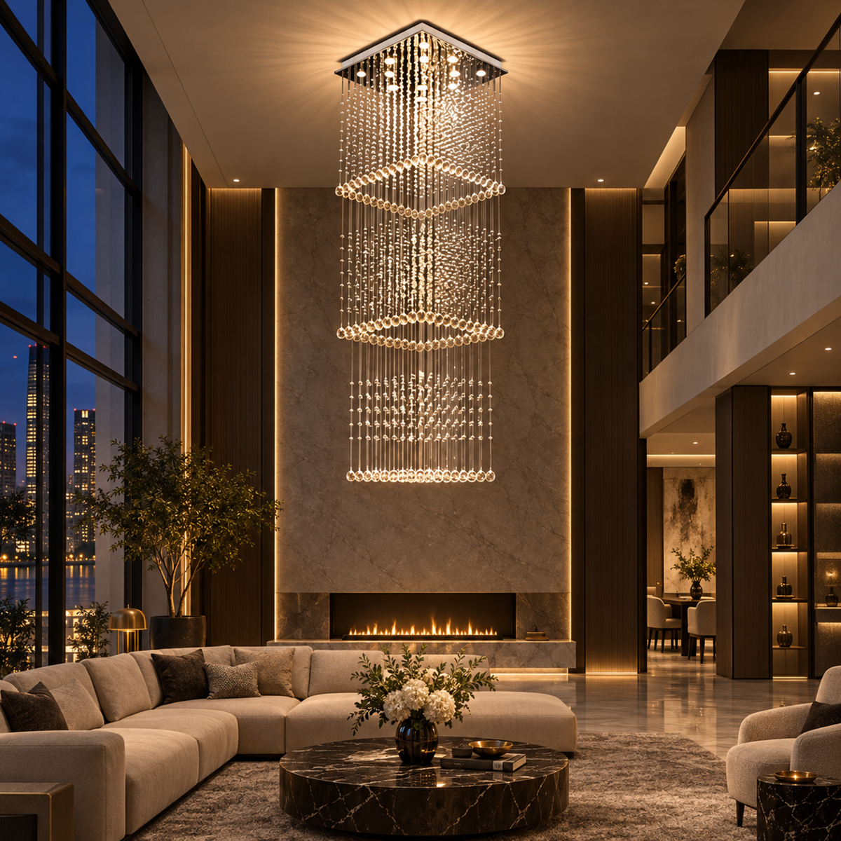 Candelabru Cristal LED 80W PALATINA Auriu, Diametru 50cm, Inaltime 200cm, Model Scara