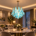 Candelabru Cristal MURANO Magno 7xE14, D60 cm, Albastru, Inaltime Reglabila, Metal si Cristal