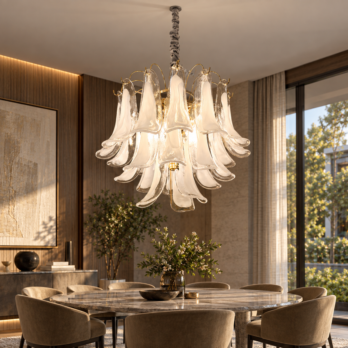 Candelabru Cristal MURANO Magno 7xE14, D60 cm, Alb, Inaltime Reglabila, Metal si Cristal