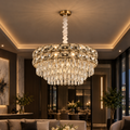 Candelabru Cristal LUCENT Eleganza 9xE14, D50 cm, Auriu, Inaltime Reglabila, Metal si Cristal