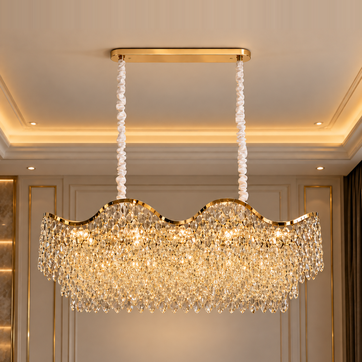 Candelabru Cristal 16xE14 VELOURA Supremo Reale, 120x35 cm, Auriu, Inaltime Reglabila, Metal si Cristal