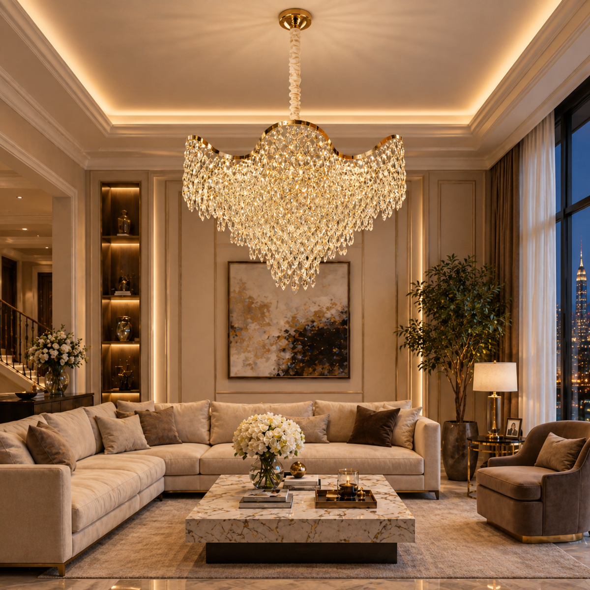 Candelabru Cristal VELOURA Regalis 22xE14, D80 cm, Auriu, Inaltime Reglabila, Metal si Cristal