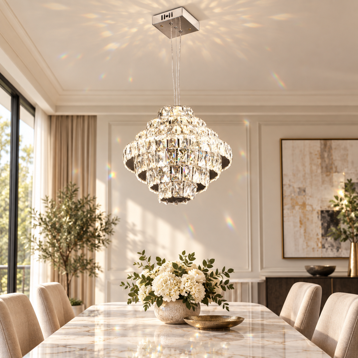 Candelabru Cristal Opal cu telecomanda, 60W, Diametru 35 cm, 3000K/4000/6000K, Crom Lucios, Inaltime Reglabila