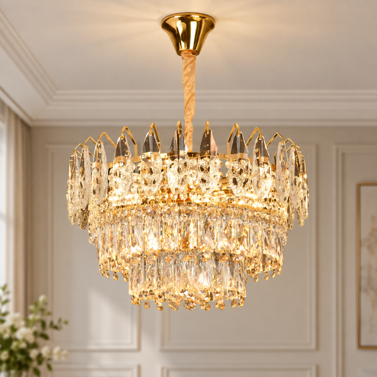 Candelabru Cristal MAJESTIC Eleganza 9x E14, Diametru 50cm, Auriu Lucios, Inaltime Reglabila