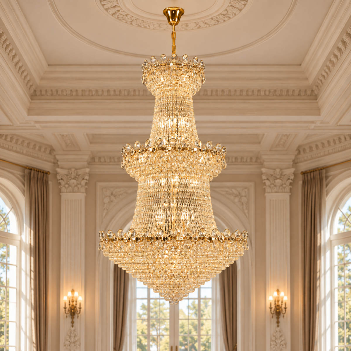 Candelabru Cristal TORRE 59xE14, Diametru 120cm, Inaltime 200cm, Auriu Lucios, Inaltime Reglabila, Design Elegant