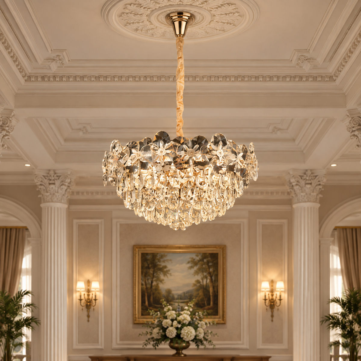 Candelabru Cristal JARDIN Magno 14xE14, Diametru 60cm, Inaltime 35cm, Auriu Lucios, Inaltime Reglabila, Design Elegant