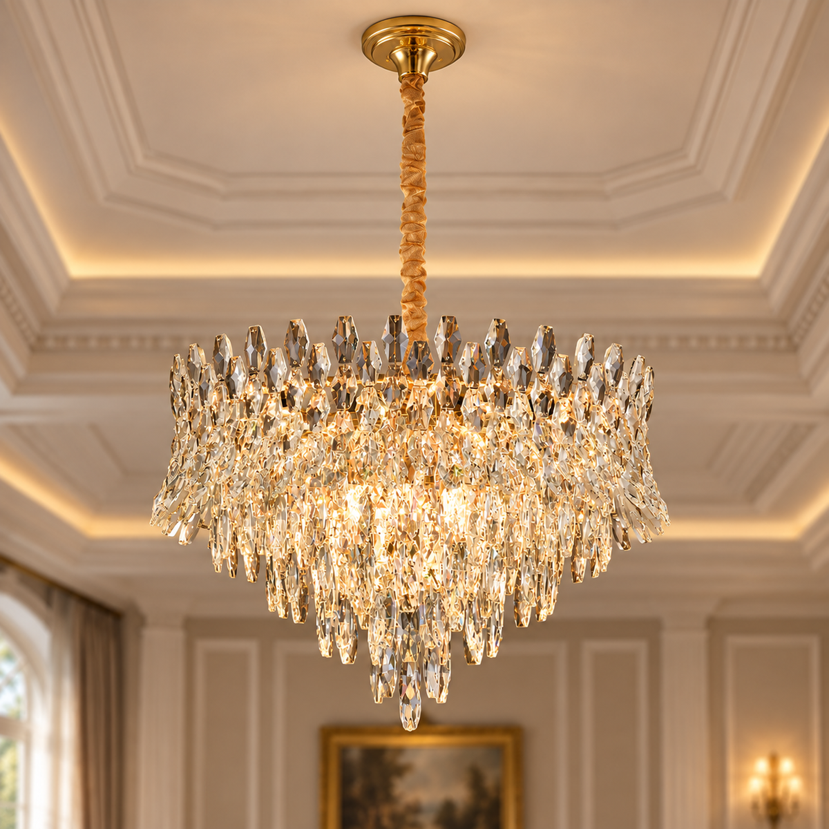 Candelabru Cristal MONARCH Eleganza 3xE14, Diametru 50cm, Inaltime 35cm, Auriu Lucios, Inaltime Reglabila, Design Elegant