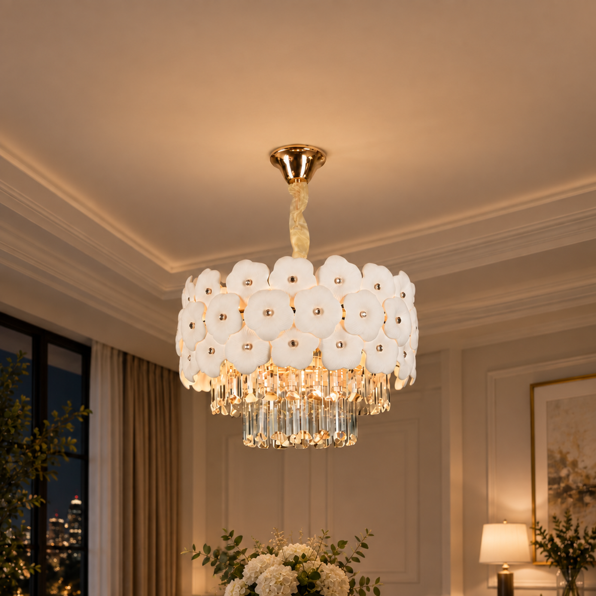 Candelabru Cristal PETAL Nobile 6xE14, D40 cm, Auriu, Inaltime Reglabila, Metal si Cristal