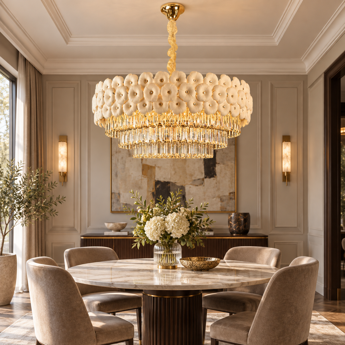 Candelabru Cristal PETAL Regalis 15xE14, D80 cm, Auriu, Inaltime Reglabila, Metal si Cristal