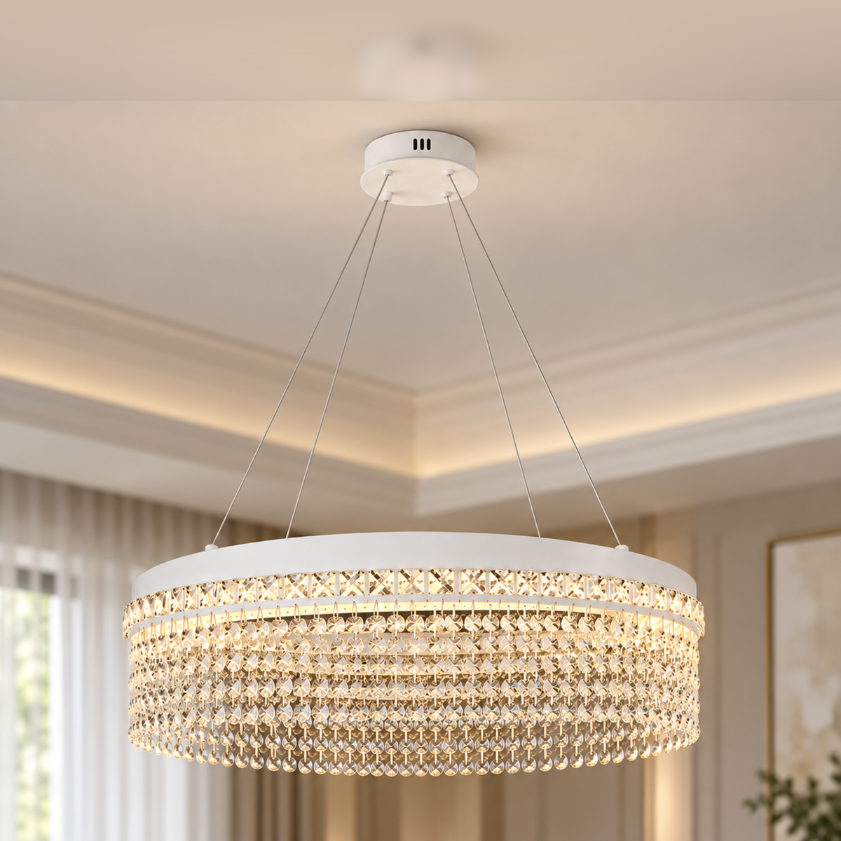 Candelabru Cristal VOLNA Magno, 170W, D80cm, Lumina Calda/Neutra/Rece, Alb, Metal si Cristal