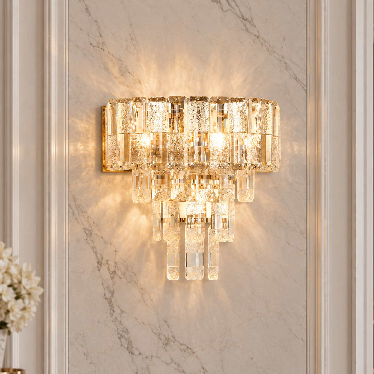 Aplica tip candelabru cristal ELYSIAN 3xE14, D26 cm, Auriu, Inaltime Reglabila, Metal si Cristal