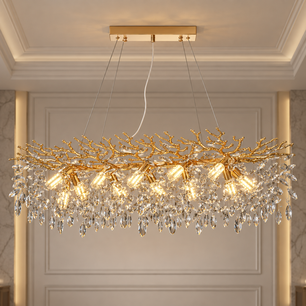 Candelabru Cristal LEAF Supremo, 120x40cm, 12xE14, Auriu, Metal si Cristal