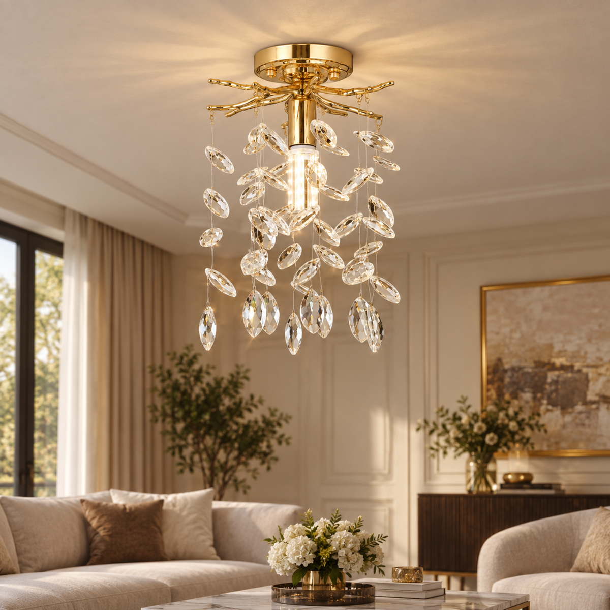 Candelabru Cristal LEAF Petito, Φ20cm, 1xE14, Auriu, Metal si Cristal