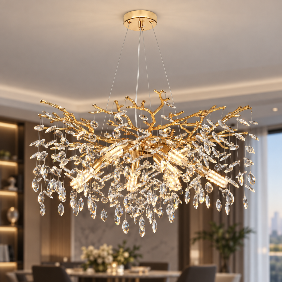 Candelabru Cristal LEAF Regalis, Φ80cm, 10xE14, Auriu, Metal si Cristal
