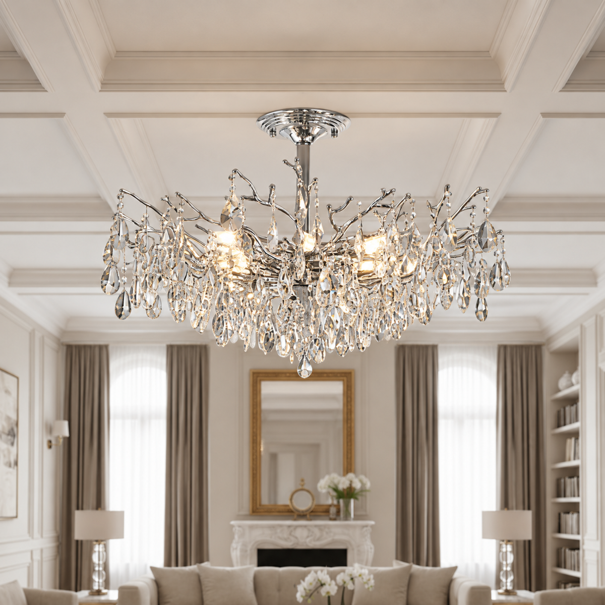 Candelabru Cristal REINA Regalis, 8xE14, D80cm, Crom Lucios, Metal si Cristal