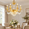 Candelabru Cristal 9xE14, D68cm, Auriu Lucios, Inaltime Reglabila, Metal si Cristal