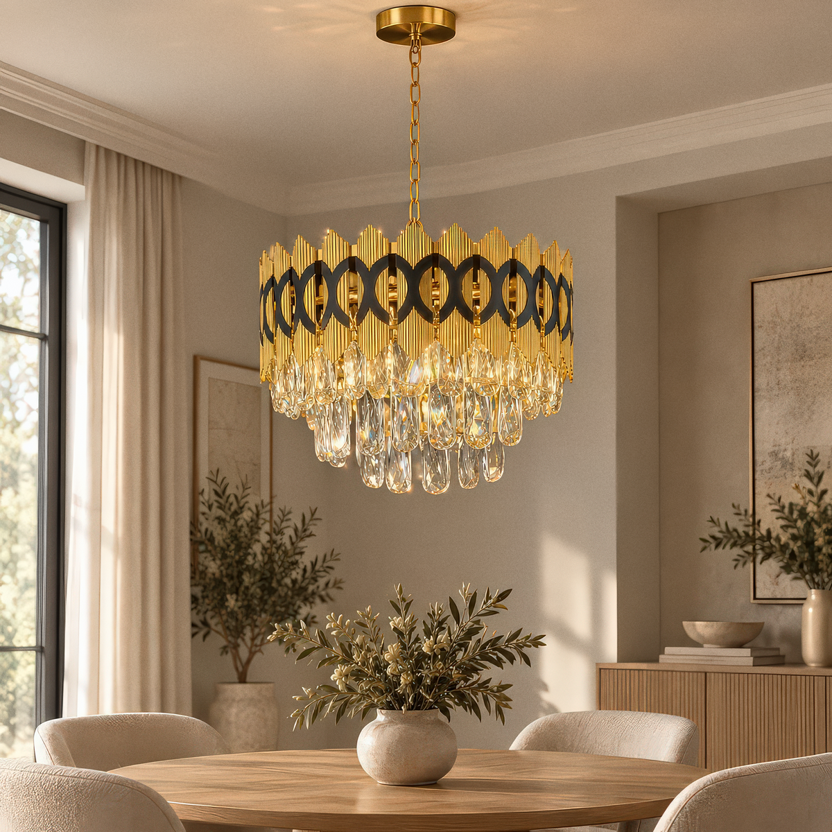 Candelabru Cristal PIERREFONDS Eleganza 8x E14, Diametru 48.5cm, Auriu Lucios, Inaltime Reglabila