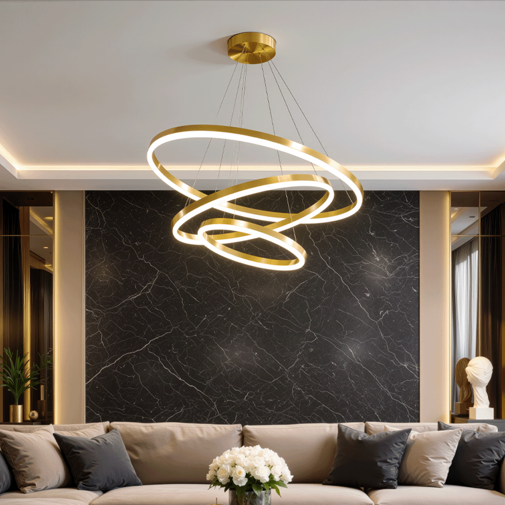 Lustra LED suspendata cu telecomanda ELIZABETH, 85W, 3 Cercuri, lumina Rece/Calda/Neutra, Dimabila, Auriu Lucios, Inaltime Reglabila, imaginea 1