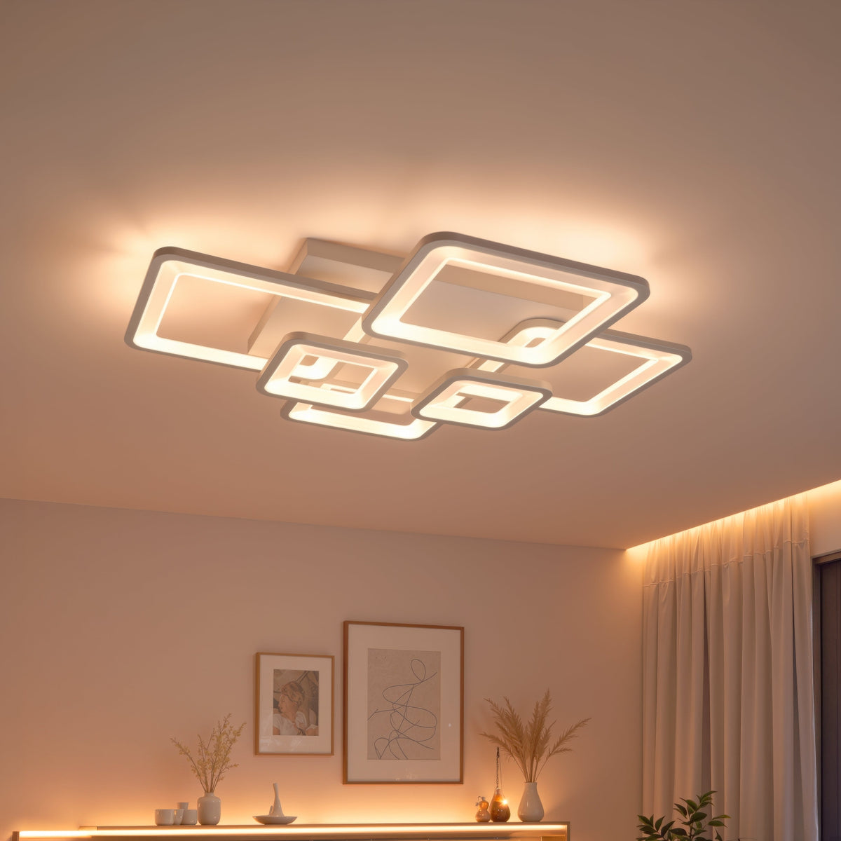 Lustra LED cu telecomanda ELLA 119W, 6 Patrate, lumina Rece/Calda/Neutra, Dimabila, Alb, Metal si Acril, imaginea 1