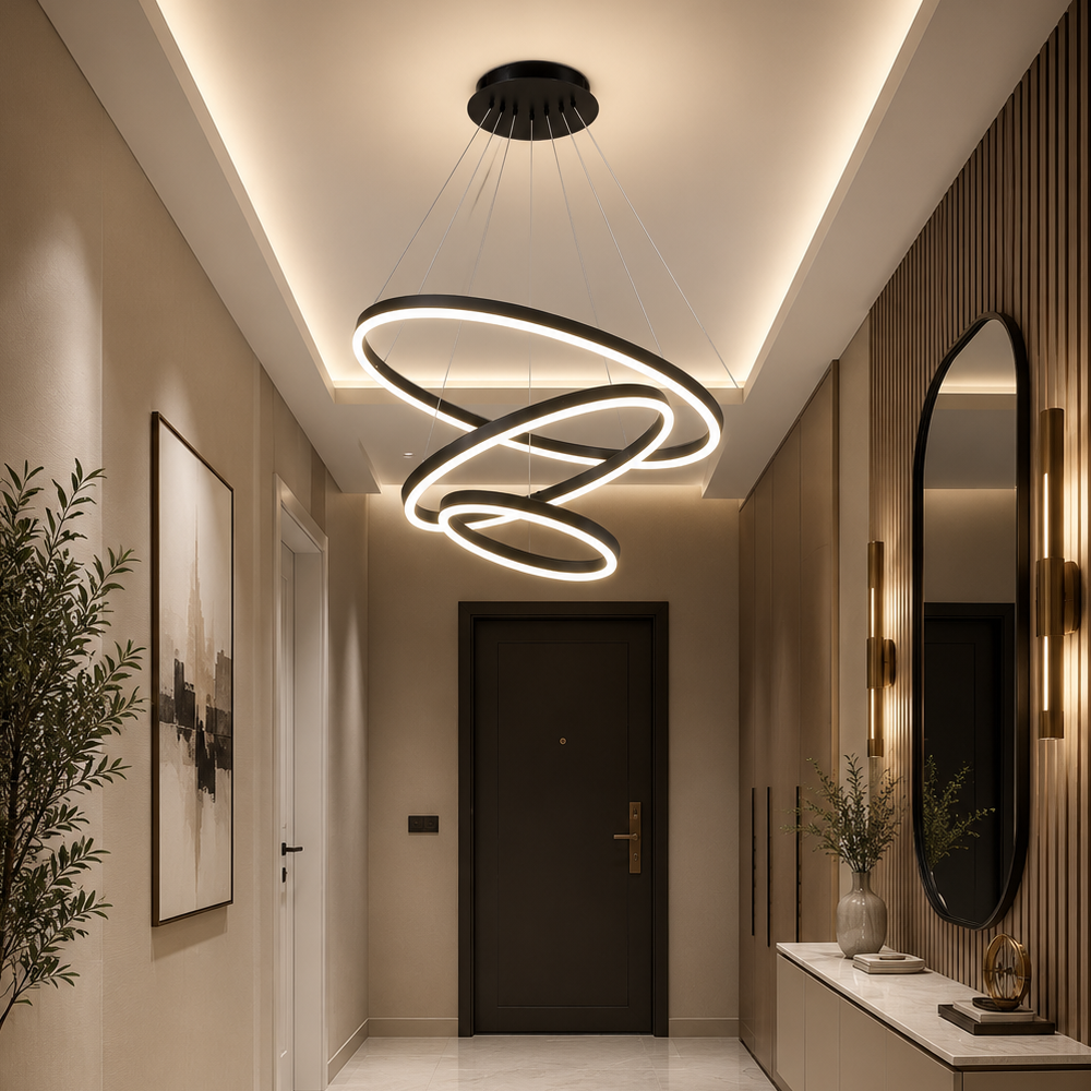 Lustra LED suspendata cu telecomanda CASIANA 85W, 3 Cercuri, lumina Rece/Calda/Neutra, Dimabila, Negru, Inaltime Reglabila, imaginea 8