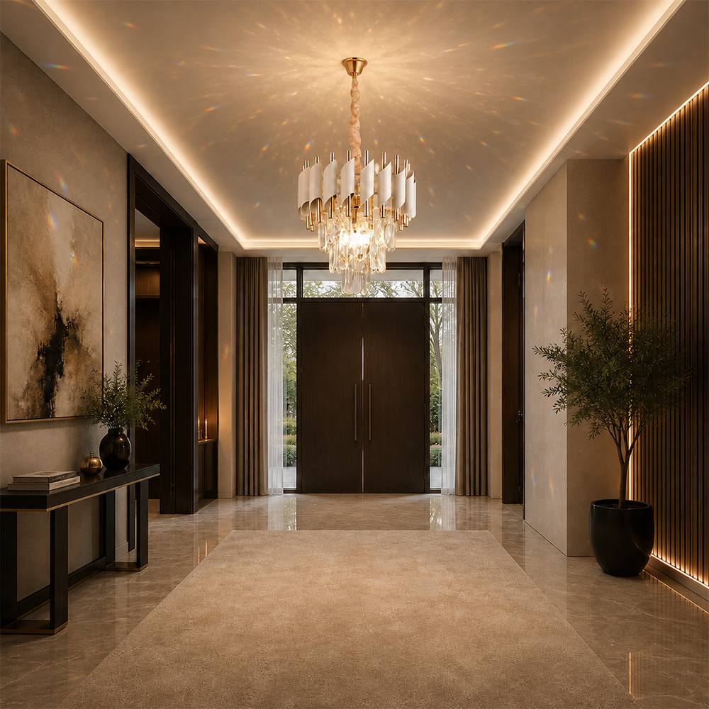 Candelabru Cristal VERSAILLES Petito 3xE14, Diametru 30cm, Auriu Lucios si Alb, Inaltime Reglabila, Metal si Cristal, imaginea 6