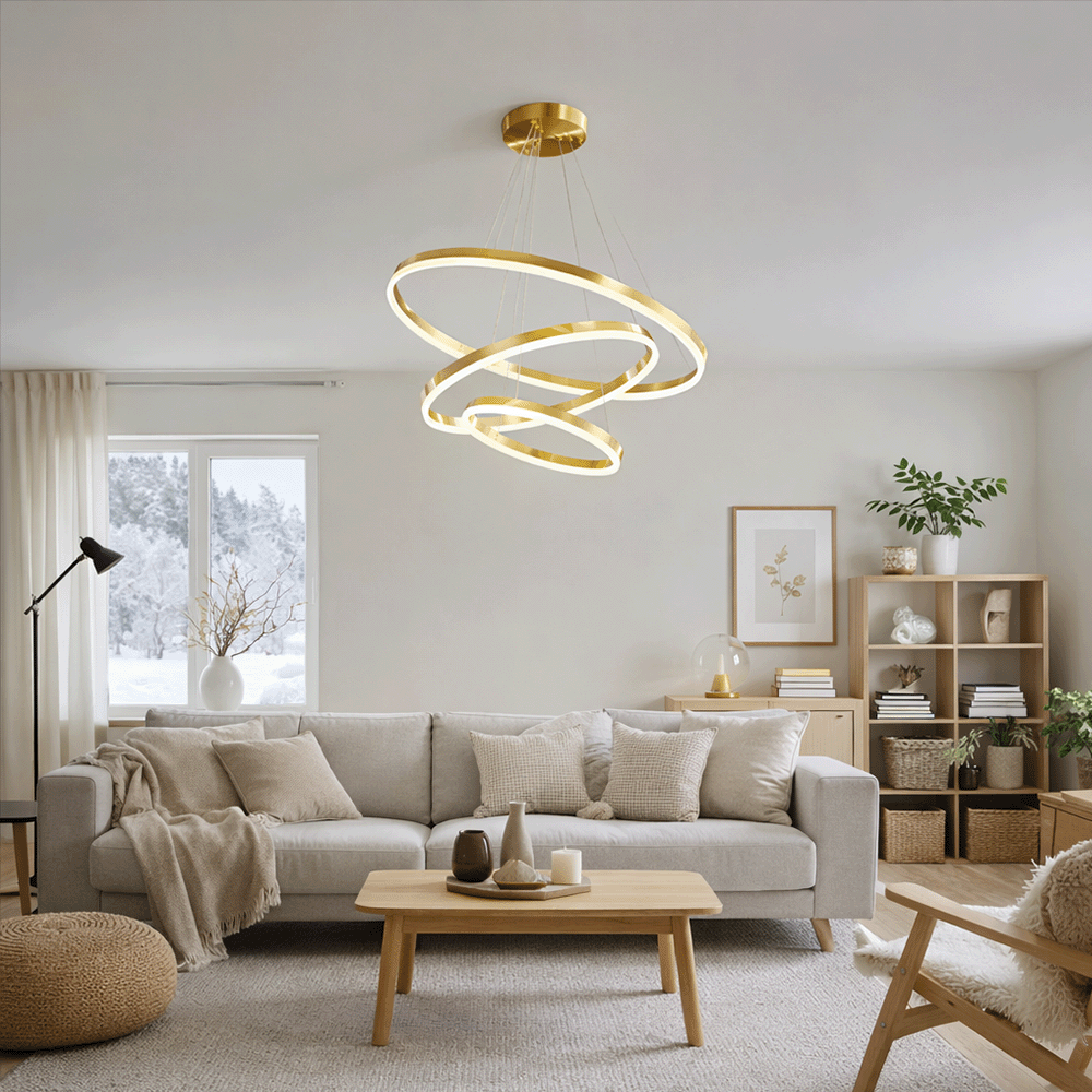 Lustra LED suspendata cu telecomanda ELIZABETH, 85W, 3 Cercuri, lumina Rece/Calda/Neutra, Dimabila, Auriu Lucios, Inaltime Reglabila, imaginea 10