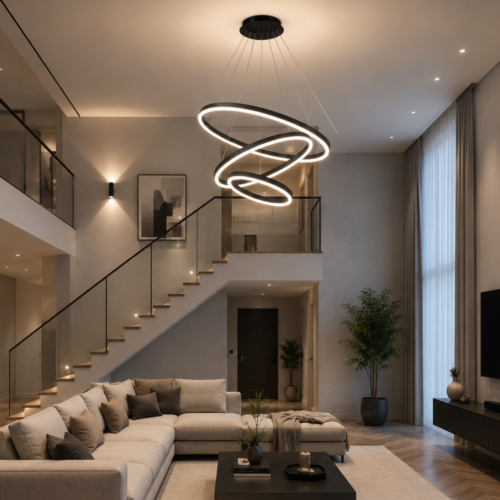 Lustra LED suspendata cu telecomanda CASIANA 85W, 3 Cercuri, lumina Rece/Calda/Neutra, Dimabila, Negru, Inaltime Reglabila, imaginea 9