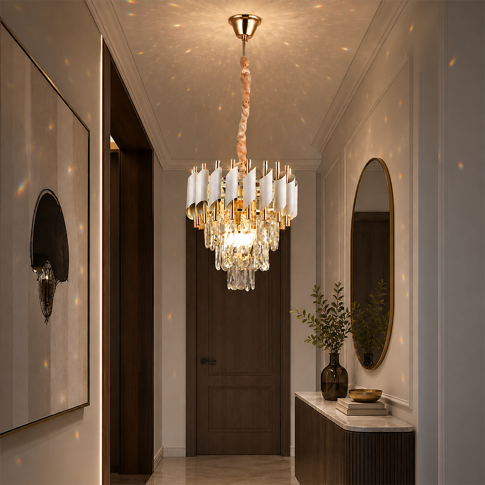 Candelabru Cristal VERSAILLES Petito 3xE14, Diametru 30cm, Auriu Lucios si Alb, Inaltime Reglabila, Metal si Cristal, imaginea 7